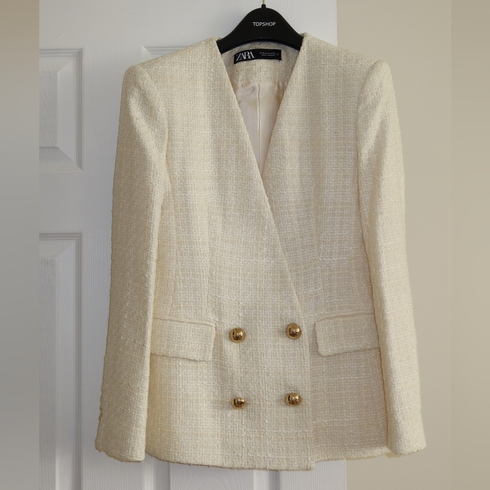 Zara Ivory Textured Blazer with Gold Buttons